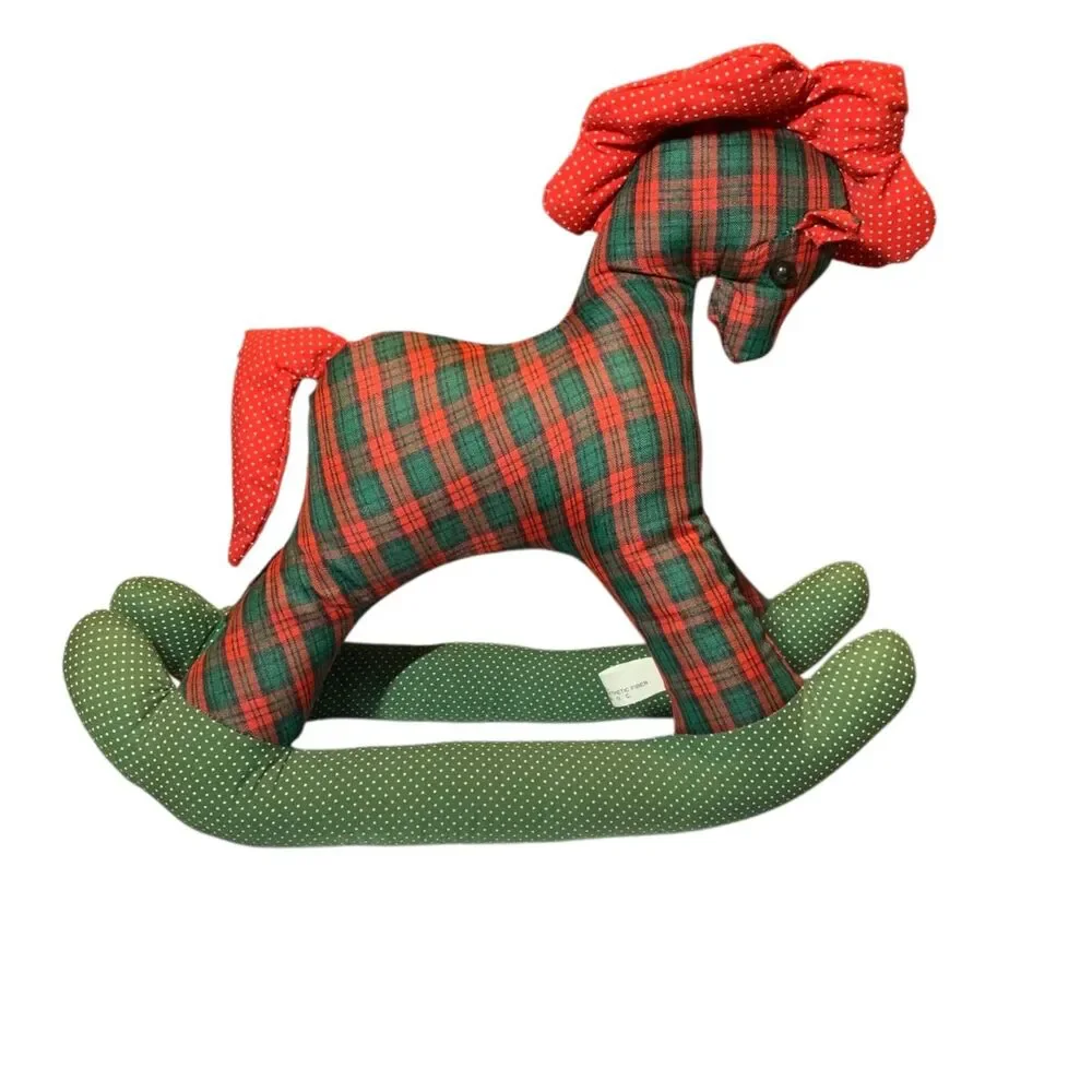 Vintage Handmade Red Green Plaid Rocking Horse Plush Christmas Holiday Stuffed